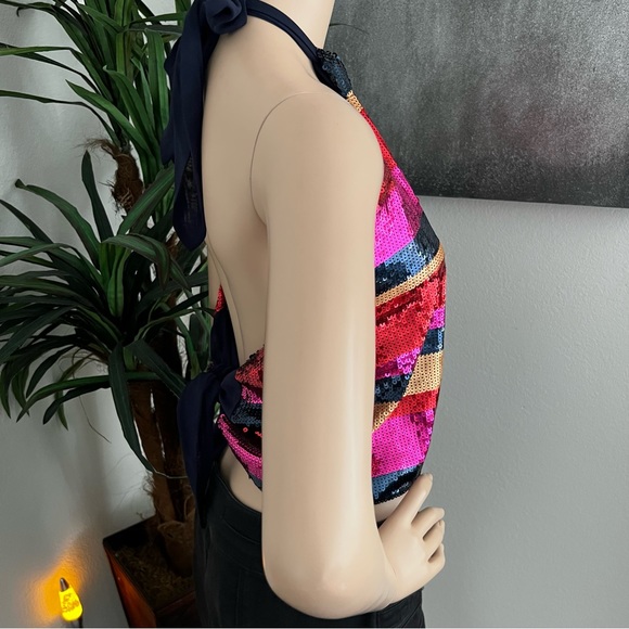 Trina Turk Colorful Sparkly Sequin Open Back Halter Top - Picture 3 of 9